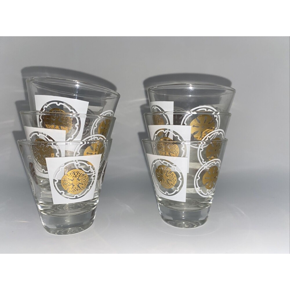 6 Mid Century Double Shot Glasses Gold & White Design Barware